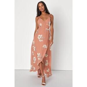 New Lulus All Mine Dusty Rose Floral Print High-Low Wrap Dress Pink Strap Sz M